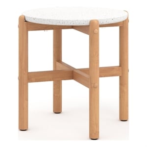 Scy Patio Side End Table- 19 Inch White Terrazzo Top- Natural Brown