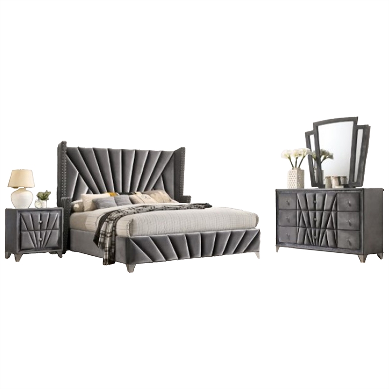 Ino 4pc Queen Bedroom Set with Wingback Headboard- Gray Upholstery