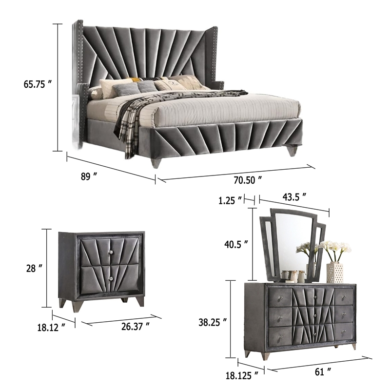 Ino 4pc Queen Bedroom Set with Wingback Headboard- Gray Upholstery