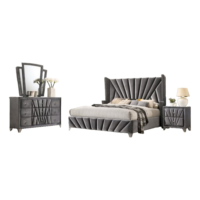 Ino 4pc Queen Bedroom Set with Wingback Headboard- Gray Upholstery