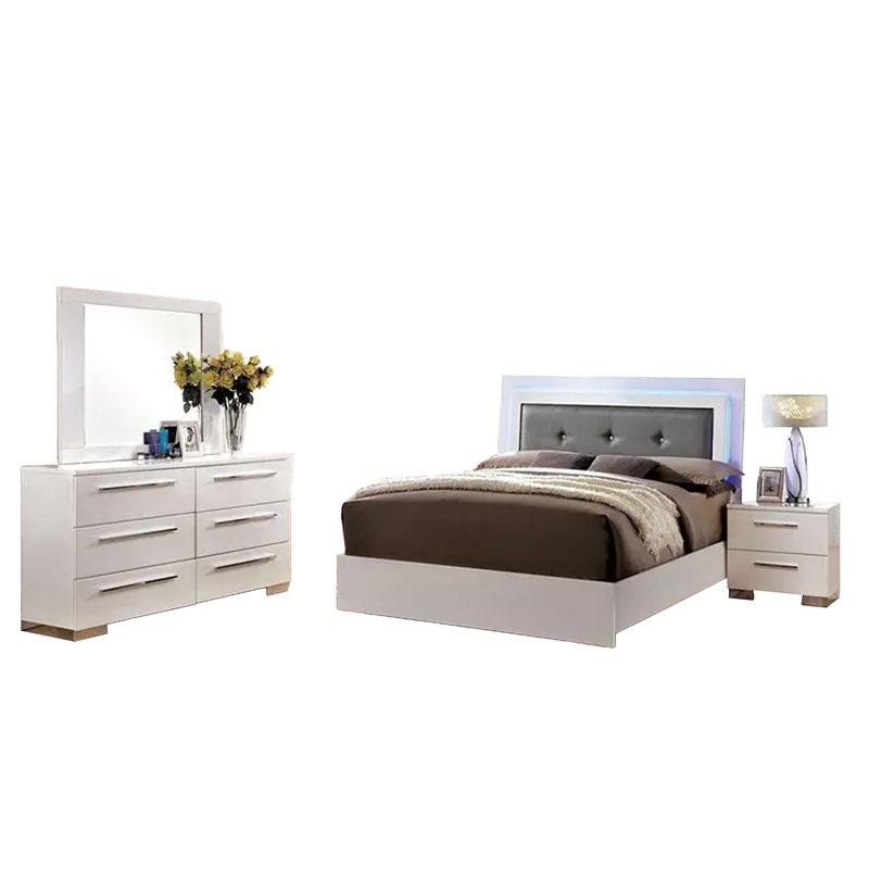 Gely 4pc Queen Bedroom Set- Button Tufted Upholstery- LED- Glossy White