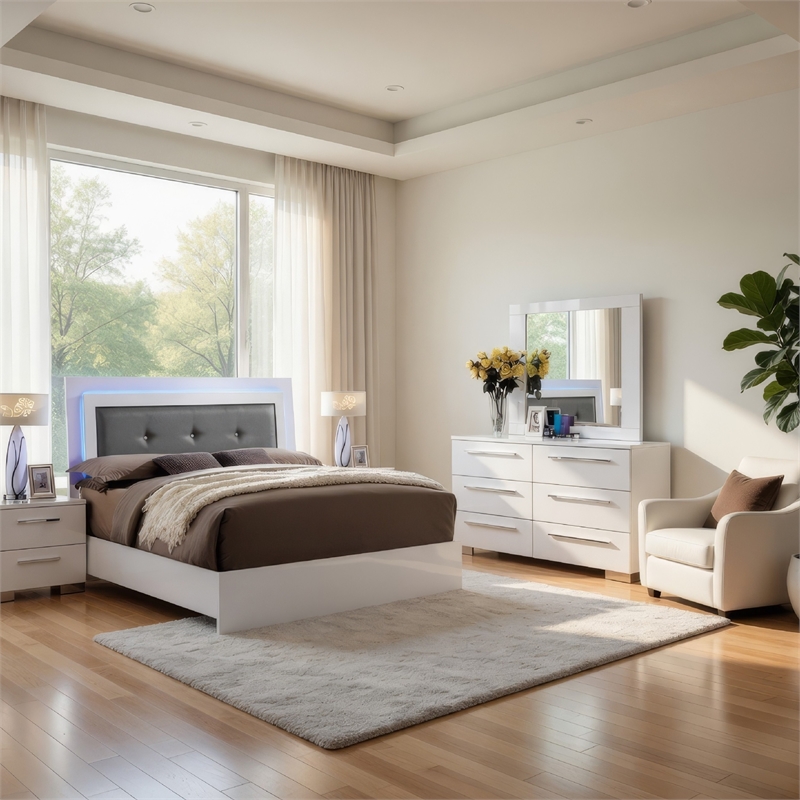Gely 4pc Queen Bedroom Set- Button Tufted Upholstery- LED- Glossy White