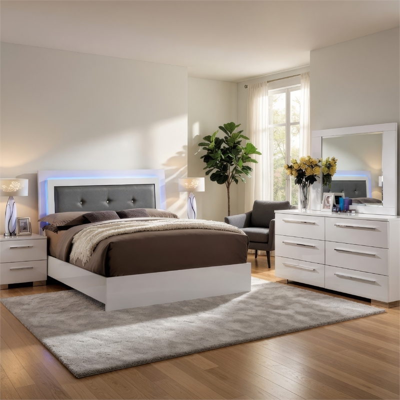 Gely 4pc Queen Bedroom Set- Button Tufted Upholstery- LED- Glossy White