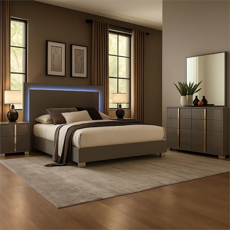 Suni 5pc Queen Bedroom Set w LED Headboard- Light Taupe Gray- 2 Nightstand
