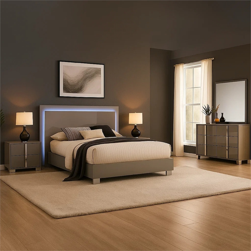 Suni 5pc Queen Bedroom Set w LED Headboard- Light Taupe Gray- 2 Nightstand