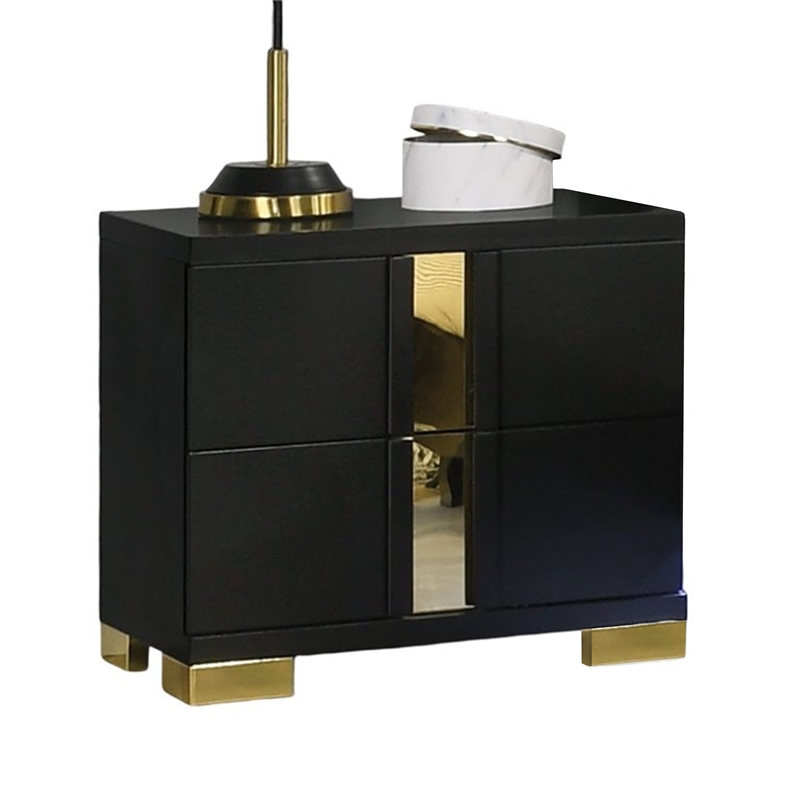 Yoki 4pc Queen Bedroom Set w Underbed LED- Black Wood and Gold Accents