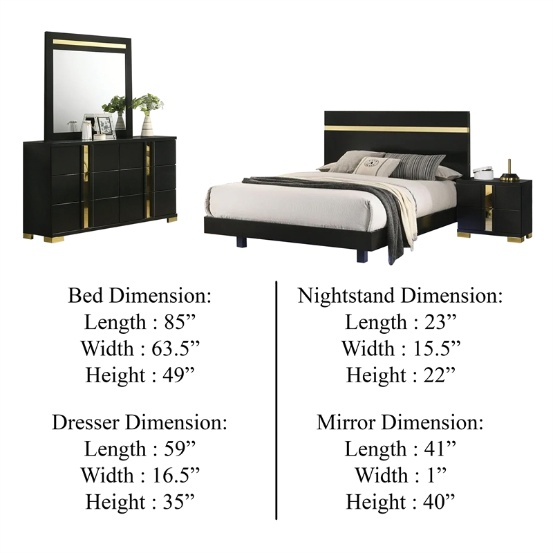 Yoki 4pc Queen Bedroom Set w Underbed LED- Black Wood and Gold Accents