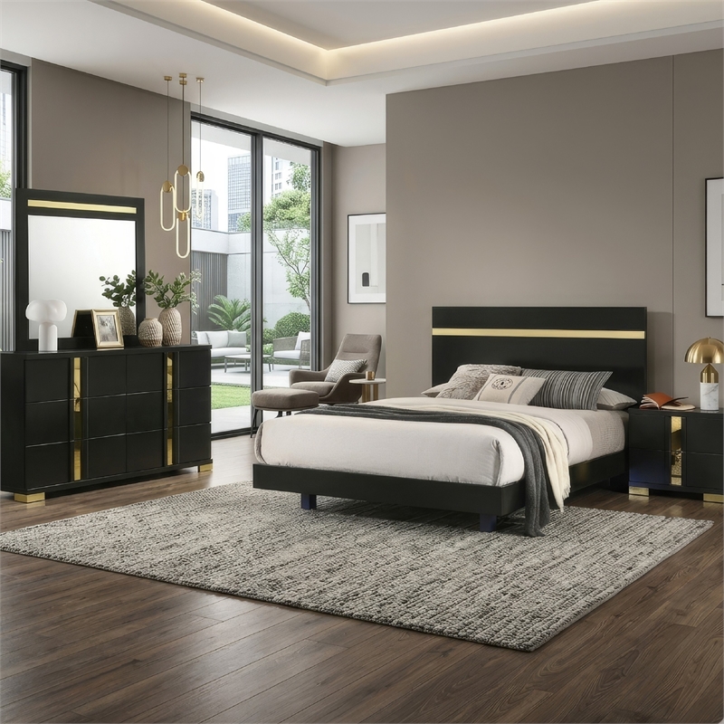 Yoki 4pc Queen Bedroom Set w Underbed LED- Black Wood and Gold Accents