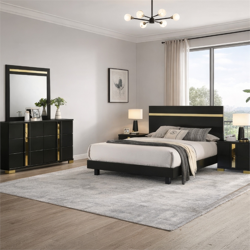 Yoki 4pc Queen Bedroom Set w Underbed LED- Black Wood and Gold Accents