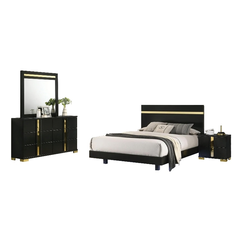 Yoki 4pc Queen Bedroom Set w Underbed LED- Black Wood and Gold Accents