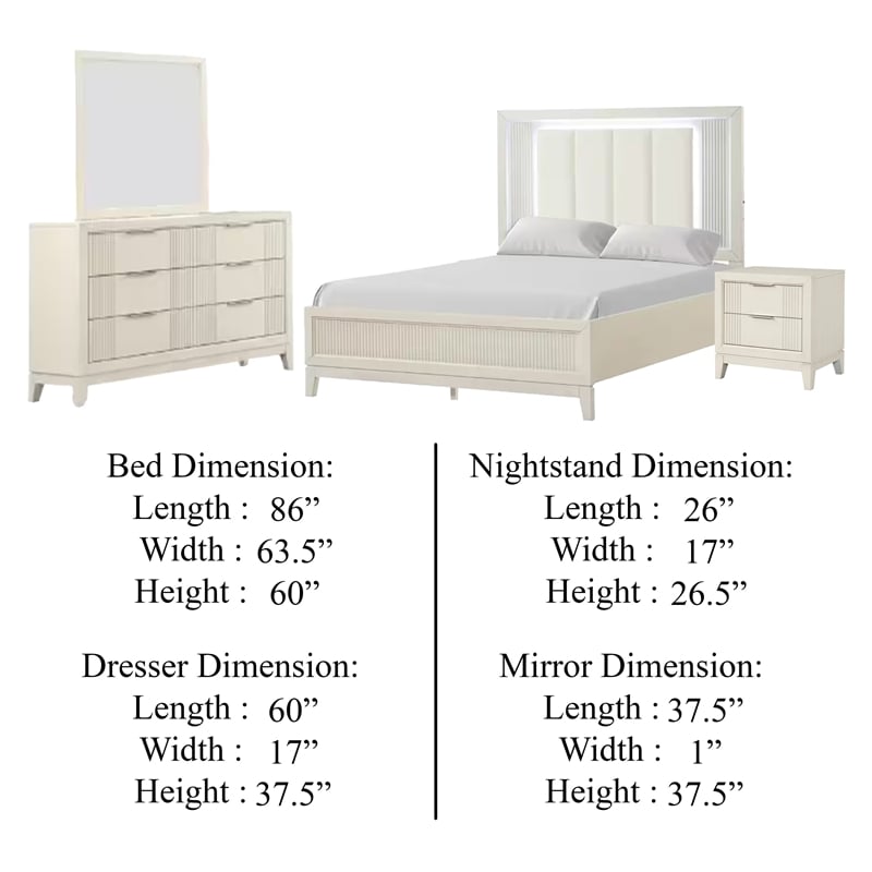 Toi 4pc Queen Bedroom Set w Dresser Mirror- Fluted LED- White Upholstery