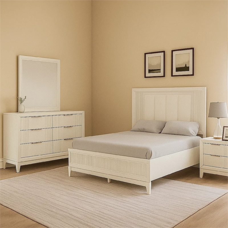 Toi 4pc Queen Bedroom Set w Dresser Mirror- Fluted LED- White Upholstery