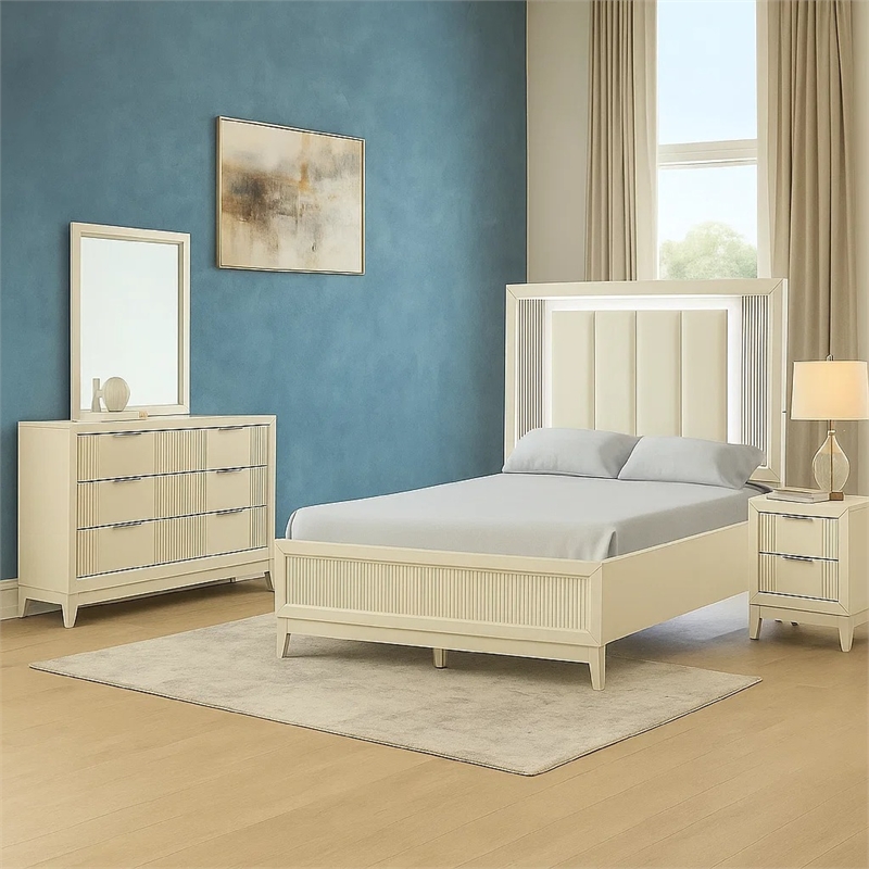 Toi 4pc Queen Bedroom Set w Dresser Mirror- Fluted LED- White Upholstery