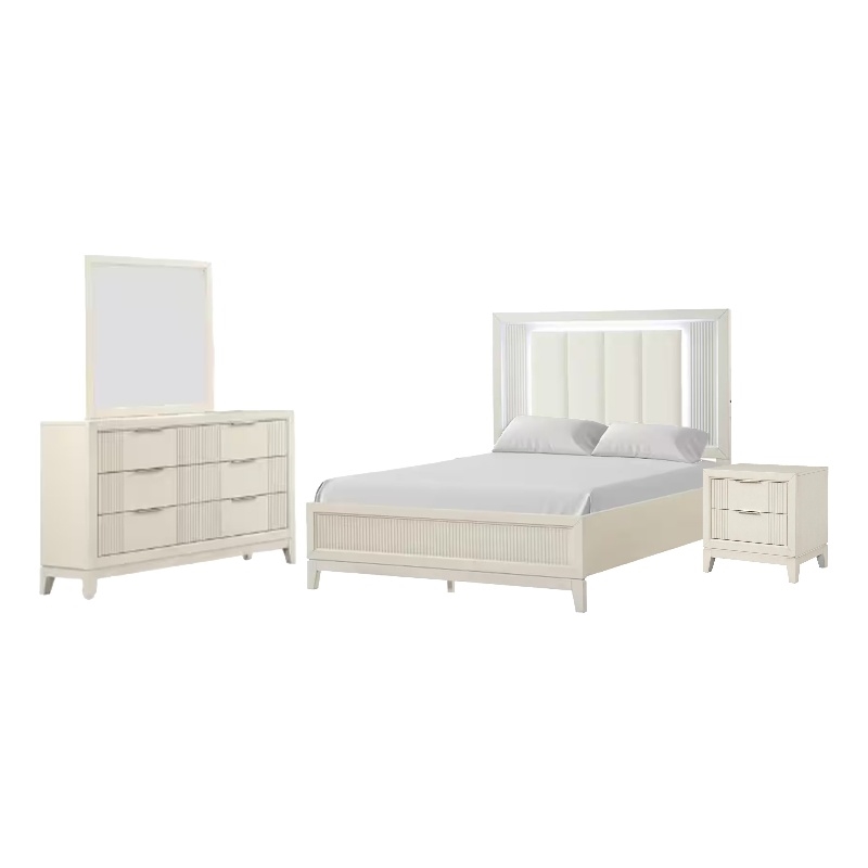 Toi 4pc Queen Bedroom Set w Dresser Mirror- Fluted LED- White Upholstery