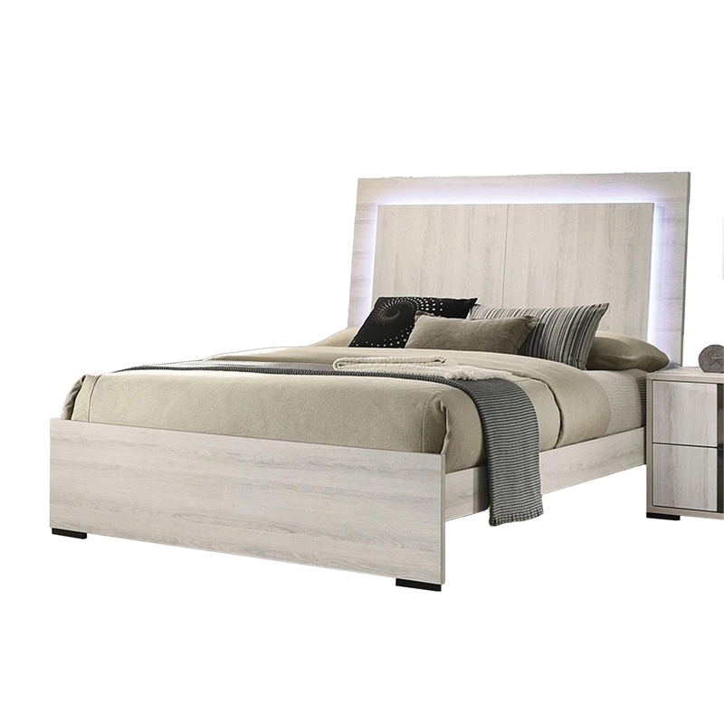 Hyao 4pc Queen Bedroom Set w LED Headboard- Whitewash- Dresser Mirror