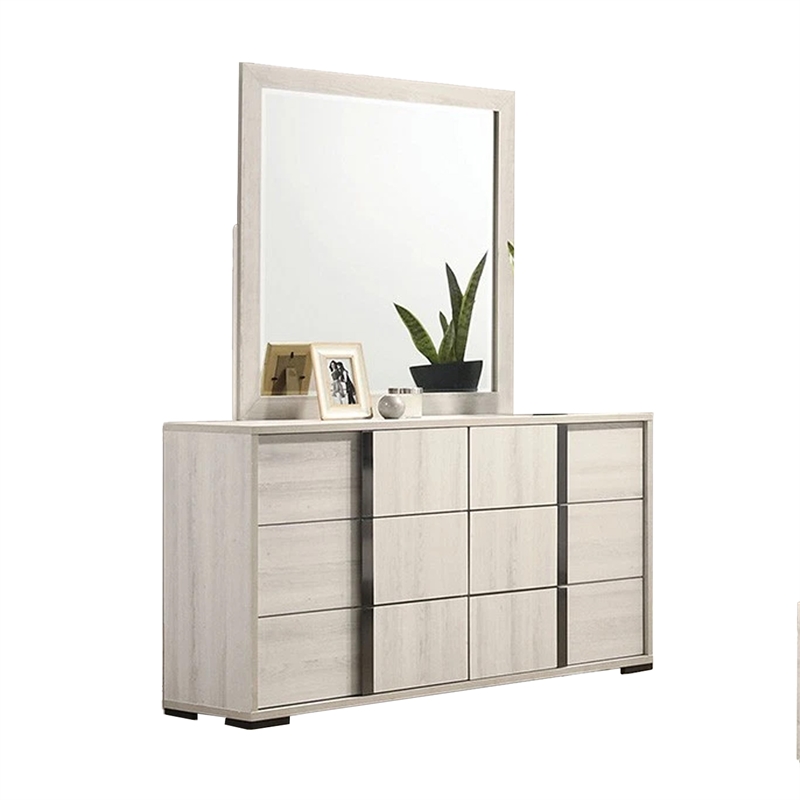Hyao 4pc Queen Bedroom Set w LED Headboard- Whitewash- Dresser Mirror