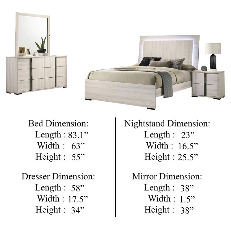 Hyao 4pc Queen Bedroom Set w LED Headboard- Whitewash- Dresser Mirror