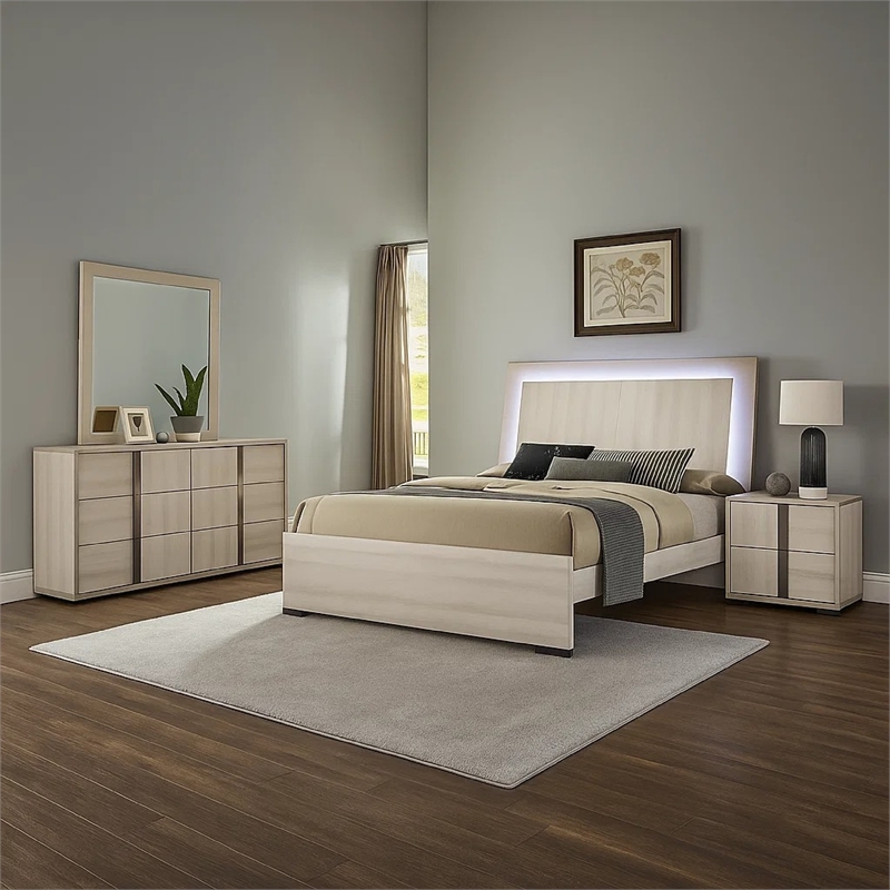 Hyao 4pc Queen Bedroom Set w LED Headboard- Whitewash- Dresser Mirror