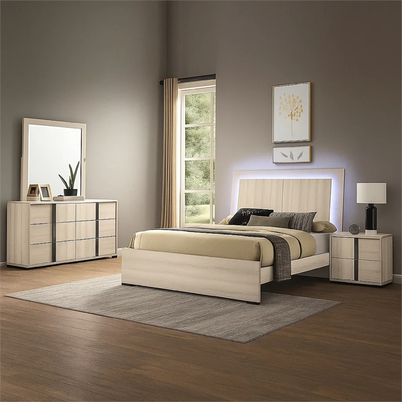 Hyao 4pc Queen Bedroom Set w LED Headboard- Whitewash- Dresser Mirror