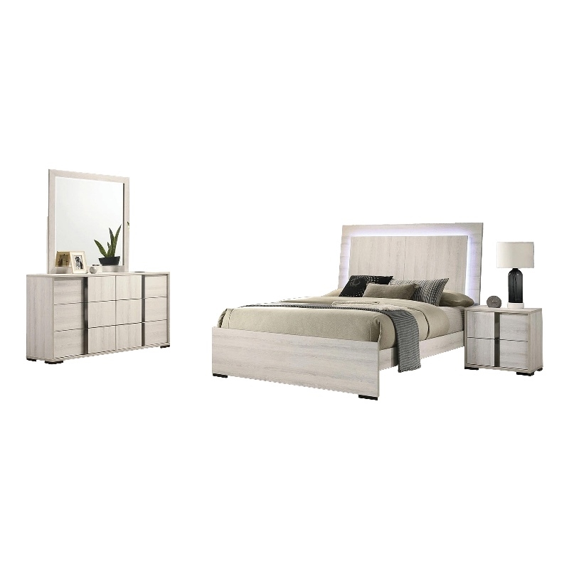 Hyao 4pc Queen Bedroom Set w LED Headboard- Whitewash- Dresser Mirror