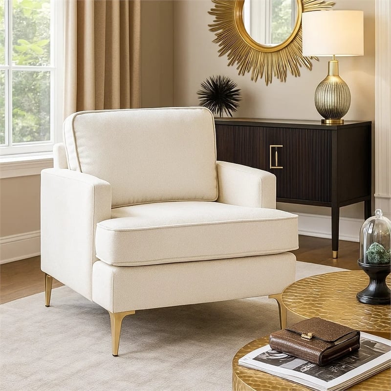 Cole Accent Chair- Foam Fill Beige Chenille- Track Arms- Gold Metal Legs