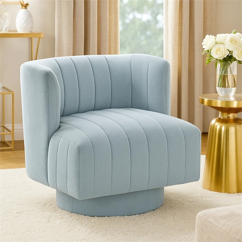 Joya Swivel Accent Chair- Barrel Wingback- Channeled Aqua Blue Polyester