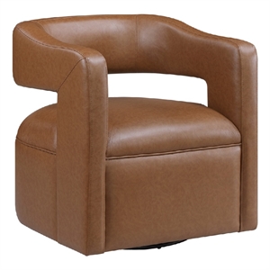 Cera Swivel Chair- Barrel Back- Camel Brown Faux Leather Upholstery