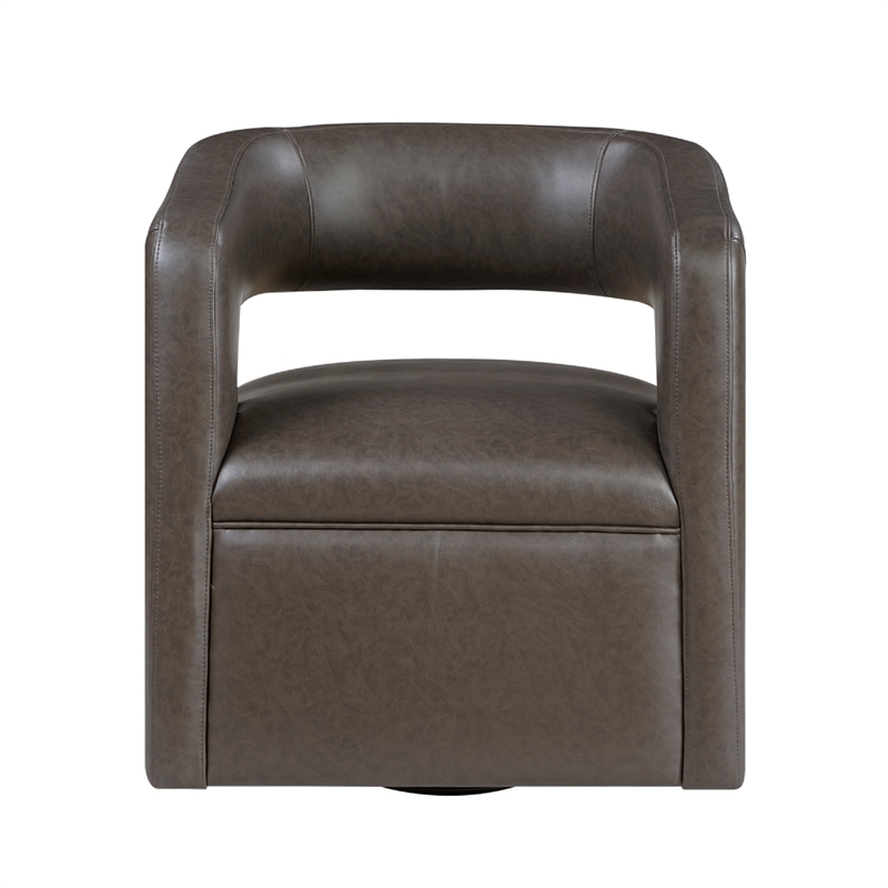 Cera Swivel Chair- Barrel Back- Coffee Brown Faux Leather Upholstery