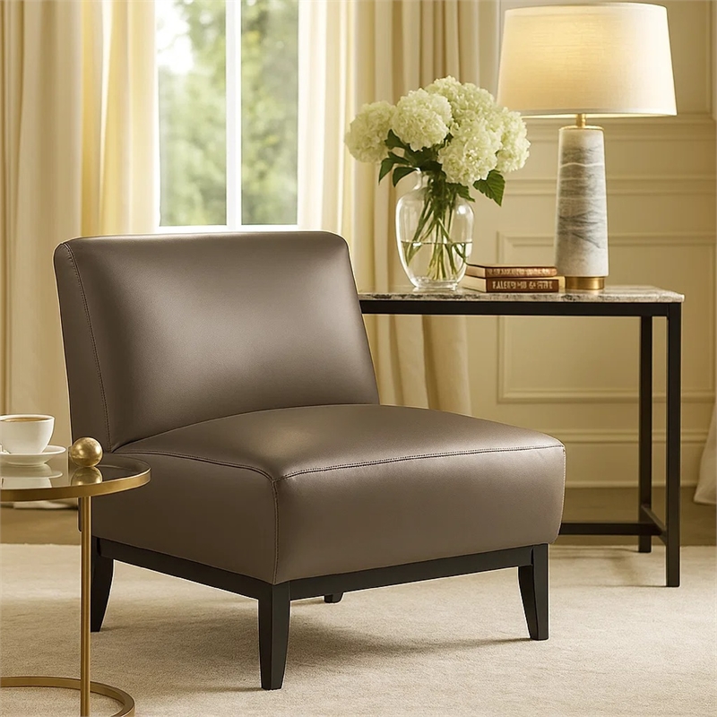 Hoy Accent Chair- Dark Brown Top Grain Leather- Black Solid Wood Legs