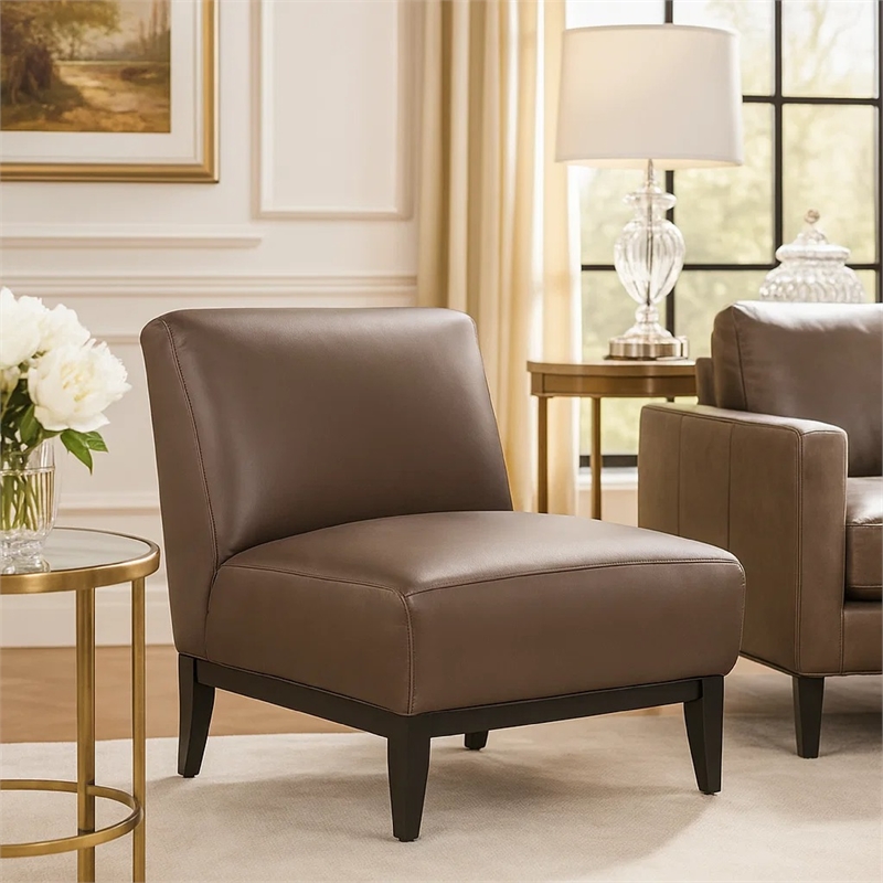 Hoy Accent Chair- Dark Brown Top Grain Leather- Black Solid Wood Legs