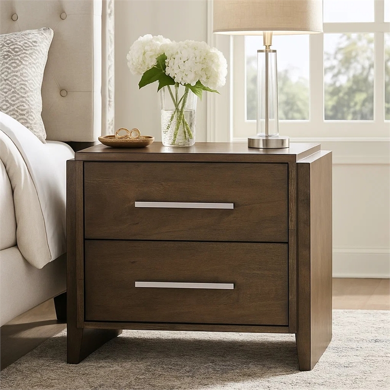 Ema Nightstand- 2 Drawers with Chrome Handles- Dark Walnut Brown