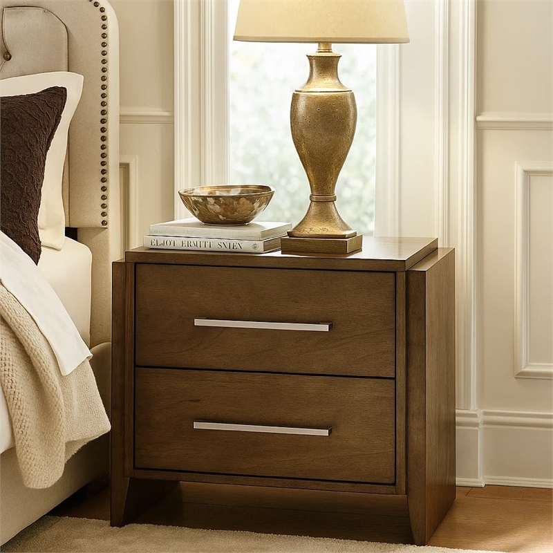 Ema Nightstand- 2 Drawers with Chrome Handles- Dark Walnut Brown