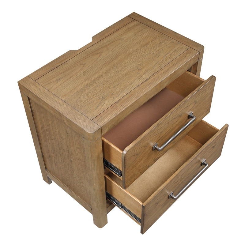Cery Nightstand- 2 Drawer with Pewter Bar Handles & USB C Port- Brown