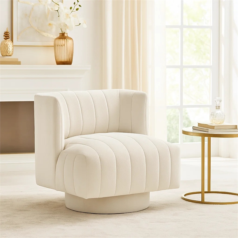 Joya Swivel Accent Chair- Barrel Wingback- Channeled Beige Polyester