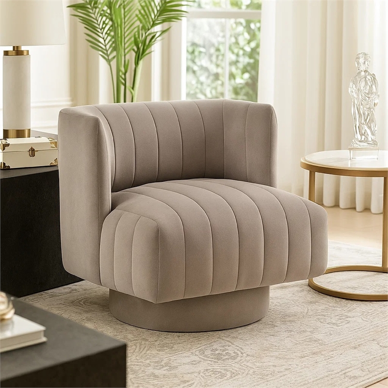 Joya Swivel Accent Chair- Barrel Wingback- Channeled Taupe Gray Polyester