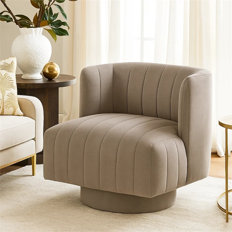 Joya Swivel Accent Chair- Barrel Wingback- Channeled Taupe Gray Polyester