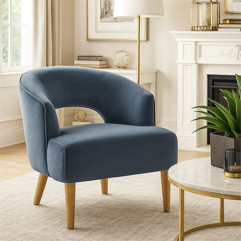 Dora Accent Chair- Open Barrel Back- Dark Gray Velvet- Light Brown Legs