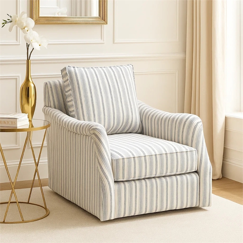 Boni Swivel Accent Chair- Foam Fill- Off White Polyester- Blue Stripes