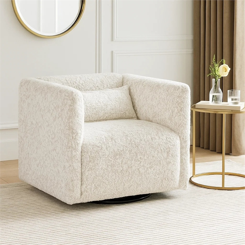 Veena Swivel Cube Chair with Lumbar Pillow- Foam Cushions- Beige Jacquard