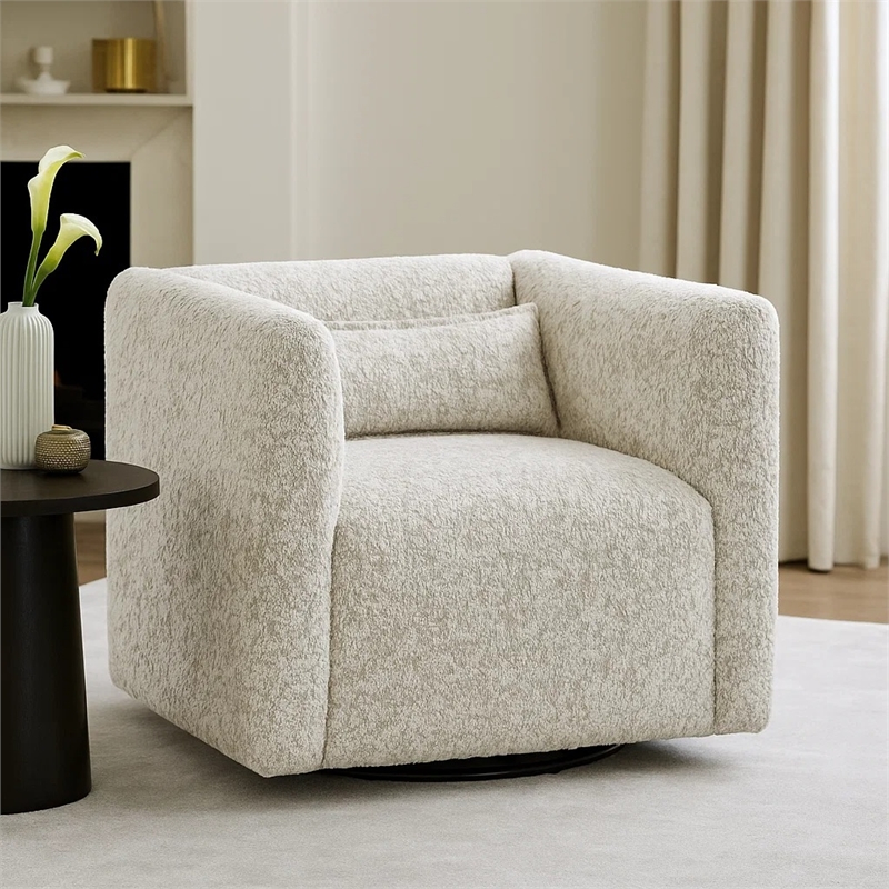Veena Swivel Cube Chair with Lumbar Pillow- Foam Cushions- Beige Jacquard