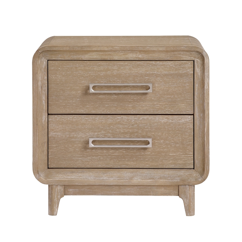Wily Retro Nightstand- 2 Drawers with Nickel Bar Handles- Natural Brown