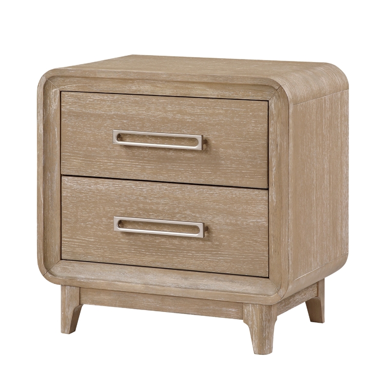 Wily Retro Nightstand- 2 Drawers with Nickel Bar Handles- Natural Brown