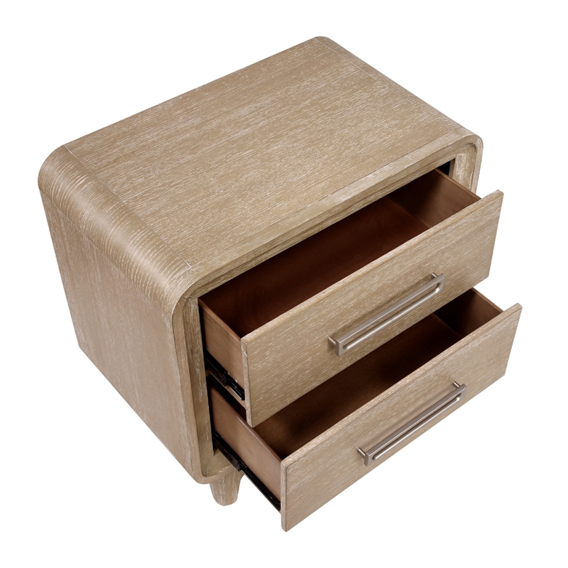 Wily Retro Nightstand- 2 Drawers with Nickel Bar Handles- Natural Brown