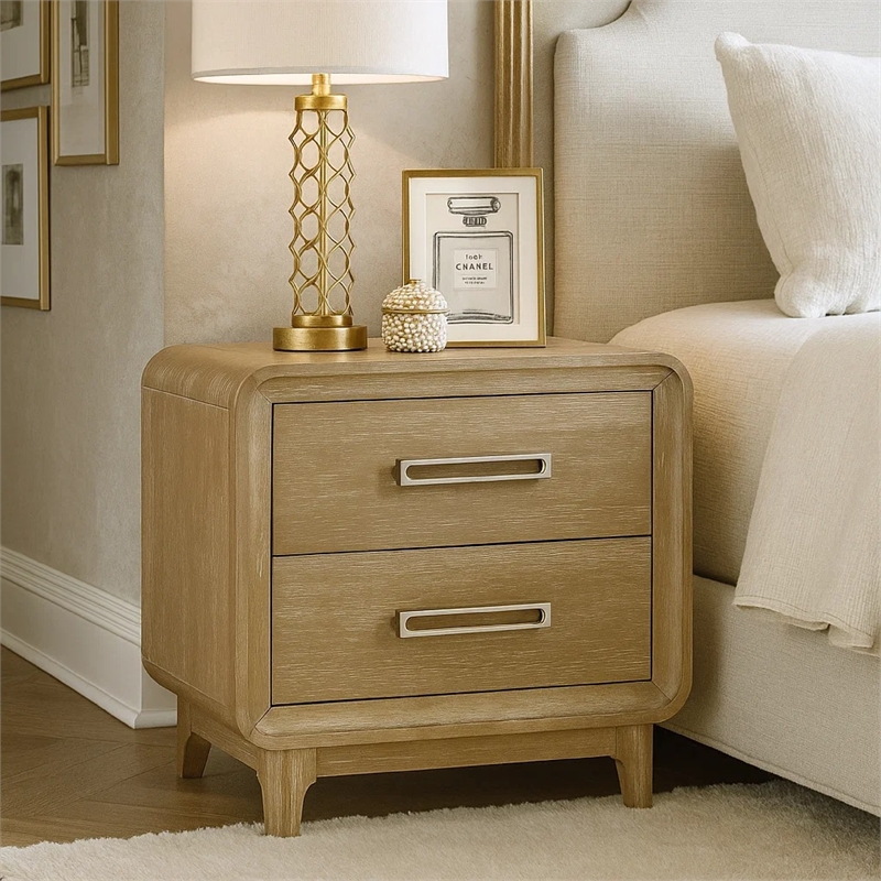 Wily Retro Nightstand- 2 Drawers with Nickel Bar Handles- Natural Brown