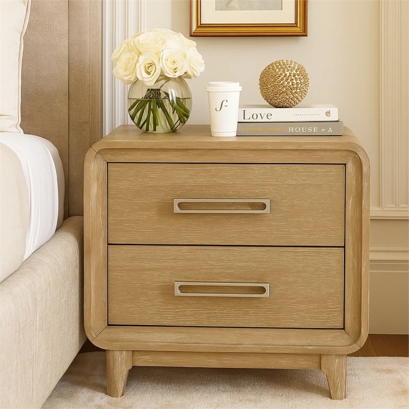 Wily Retro Nightstand- 2 Drawers with Nickel Bar Handles- Natural Brown