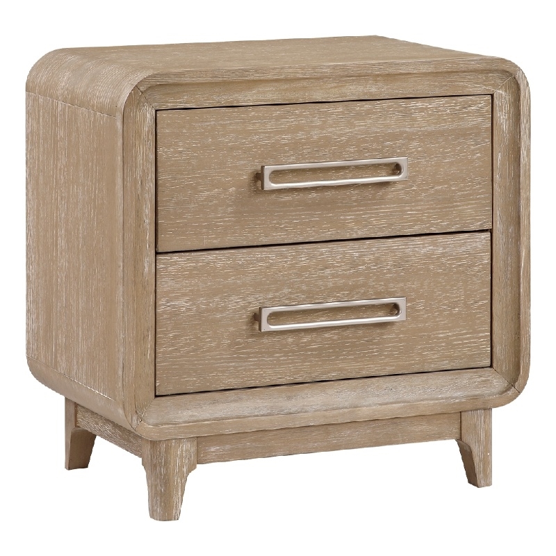 Wily Retro Nightstand- 2 Drawers with Nickel Bar Handles- Natural Brown