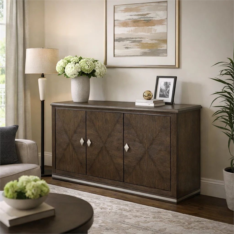Lecy Sideboard Buffet Console- 56 Inch- 3 Cabinets w Adjustable Shelves- Brown