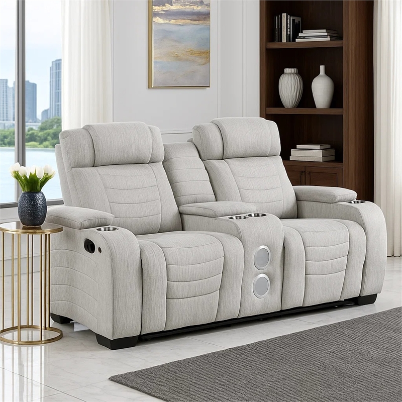 Reny Manual Reclining Loveseat w Center Console- LED Base- Light Gray