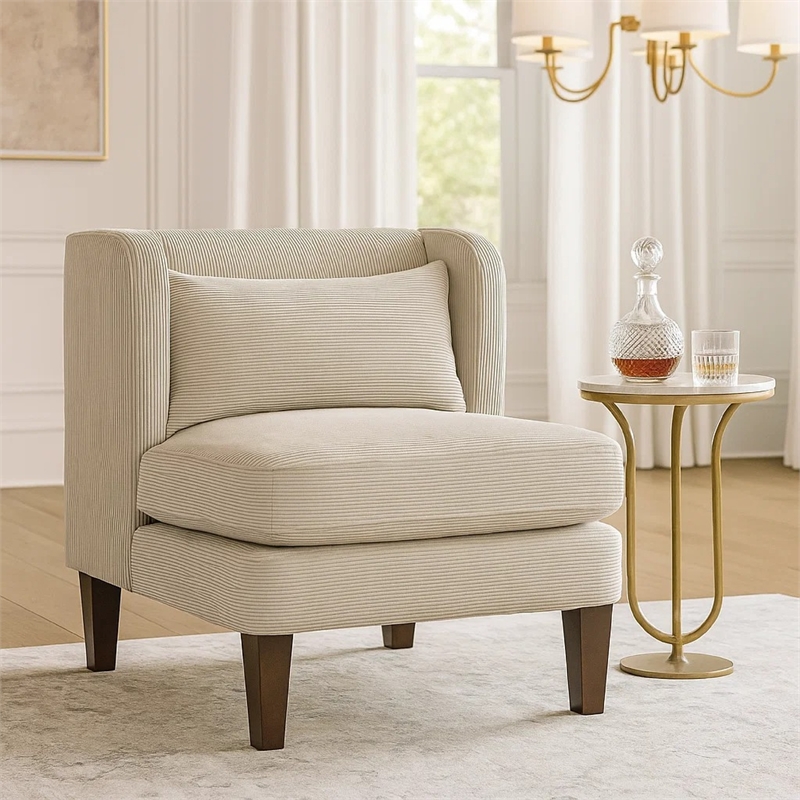 Feya Accent Chair w Pillow- Channeled Taupe Brown Corduroy- Brown Legs