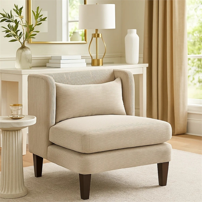 Feya Accent Chair w Pillow- Channeled Taupe Brown Corduroy- Brown Legs
